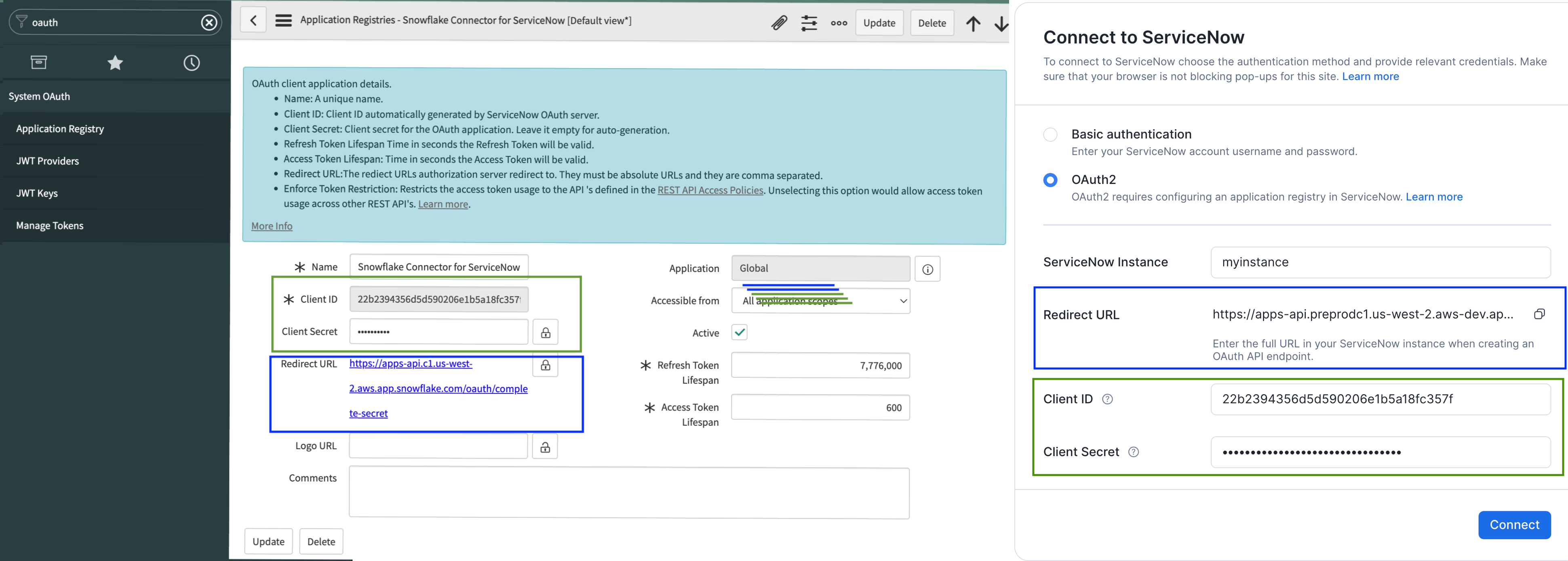 Displays the Application Registry page in ServiceNow on the left.