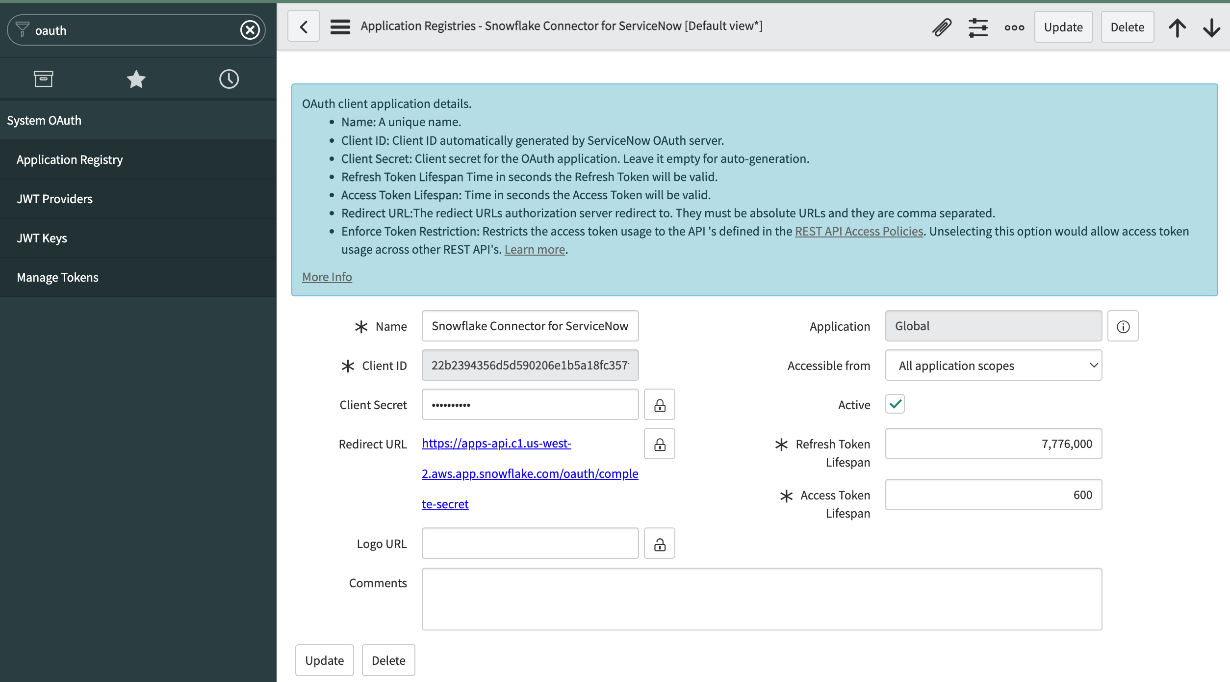 在 ServiceNow® 中显示应用程序注册表页。