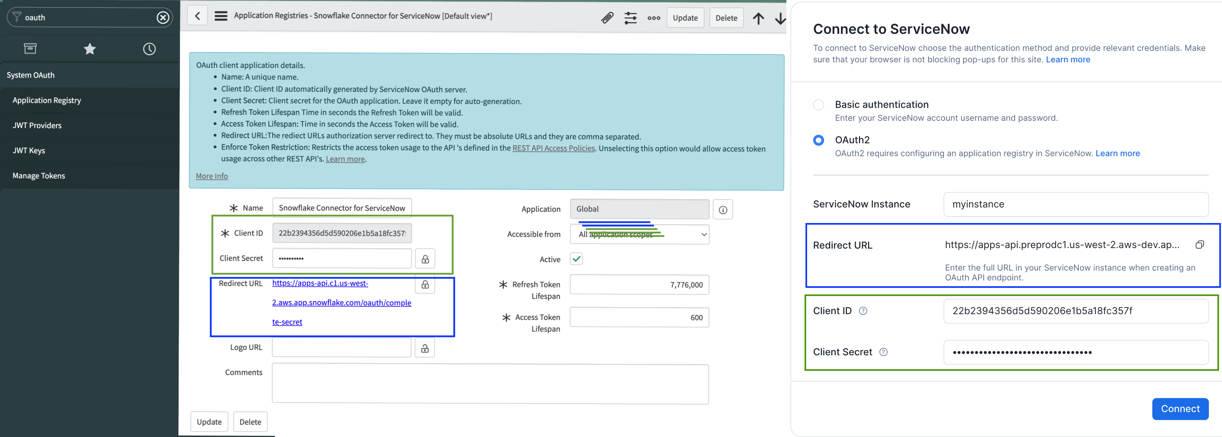 在左侧的 ServiceNow 中显示应用程序注册表页。